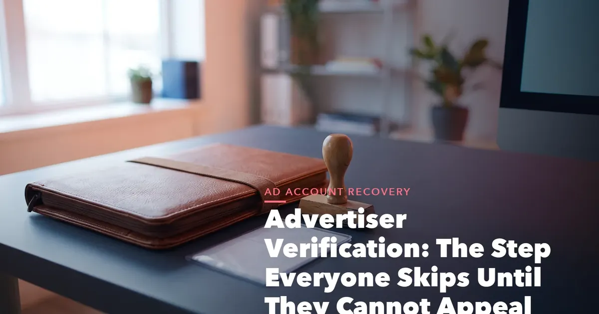 Business guide visual with process steps and compliance records for Advertiser Verification The Step Everyone