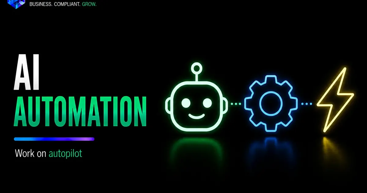 AI automation visual showing bot workflow gear and lightning automation for business tasks