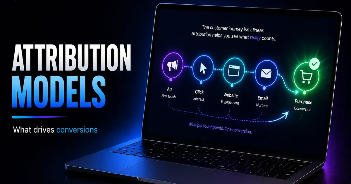 Attribution models explained visual showing ad click website email and purchase touchpoints