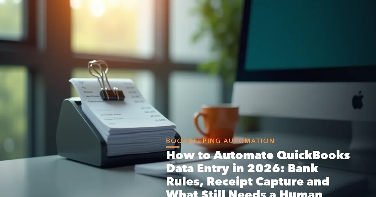 Business guide visual with process steps and compliance records for How Automate QuickBooks Data Entry 2026 Bank