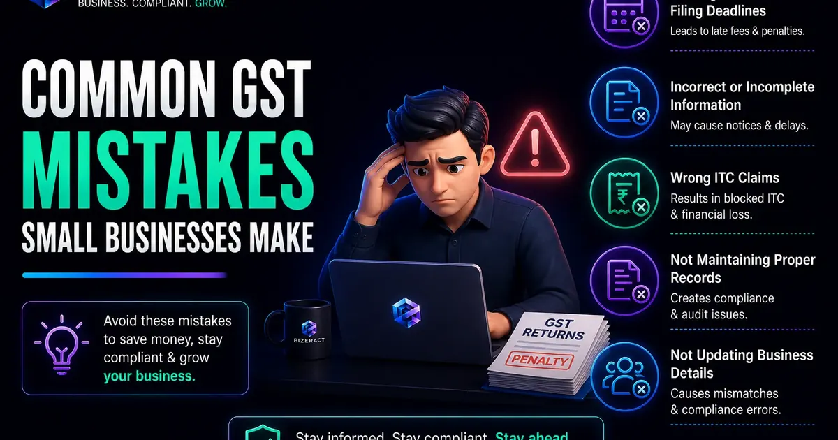 Common GST mistakes small businesses make visual with missed returns wrong ITC and compliance alerts