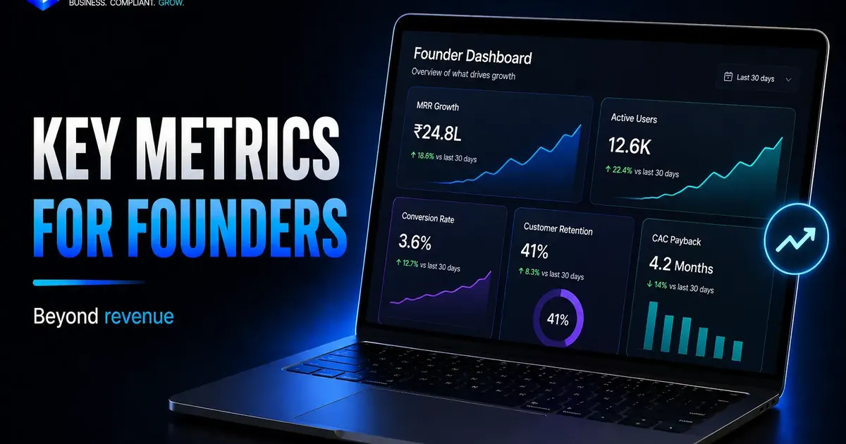 Founder dashboard metrics visual with MRR active users conversion rate retention and CAC payback