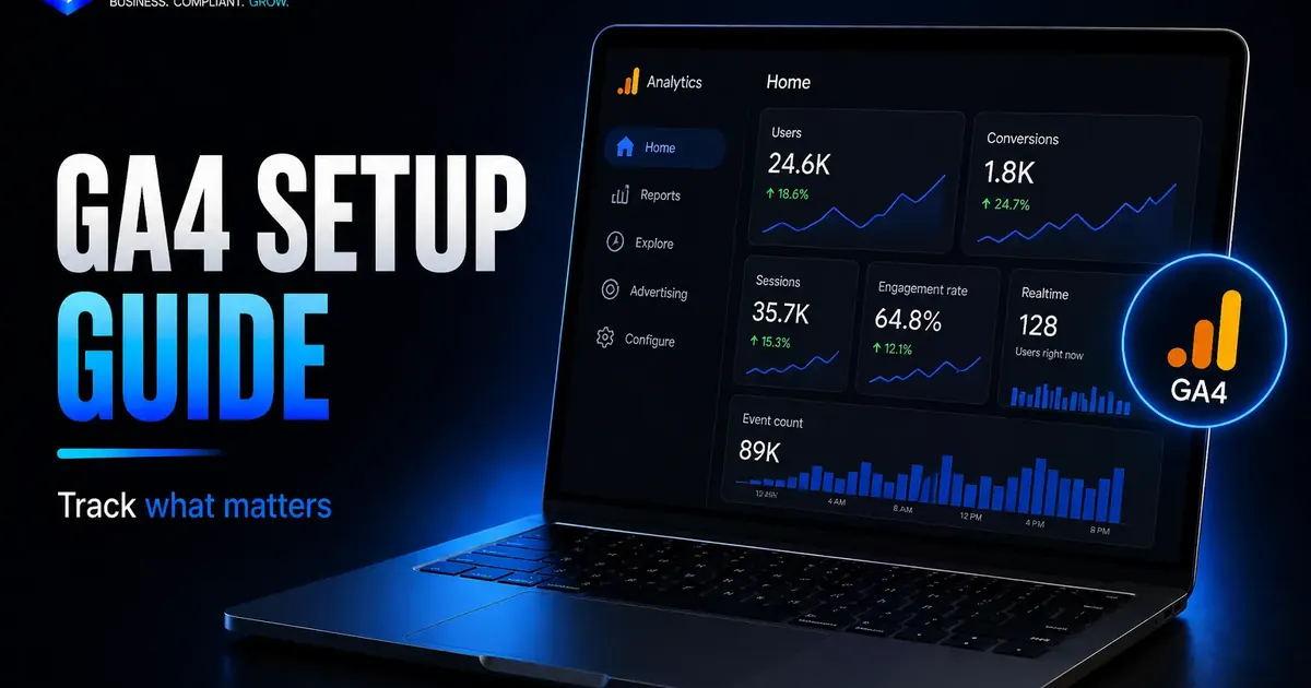 GA4 setup guide visual with analytics dashboard events conversions and India business reporting