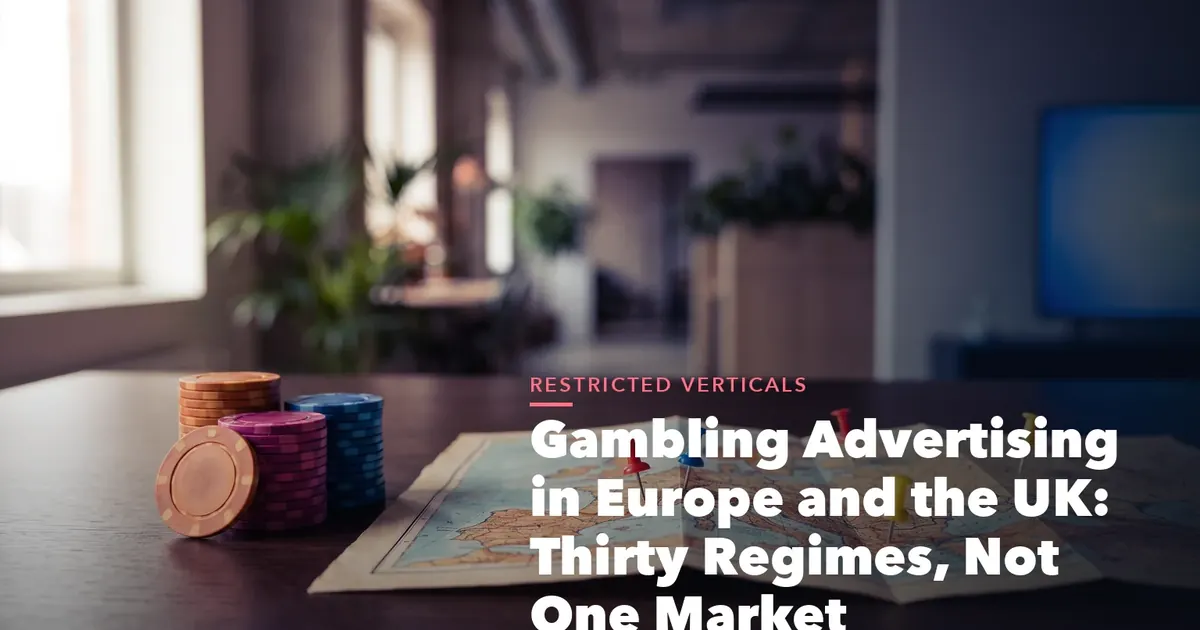 Business guide visual with process steps and compliance records for Gambling Advertising Europe and the Thirty