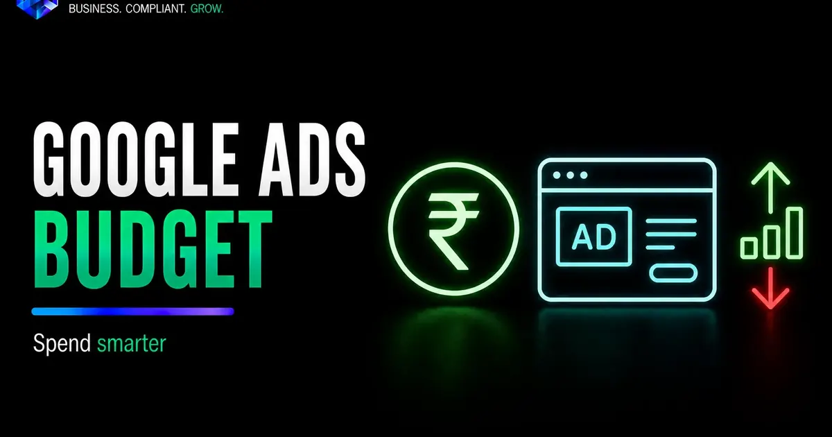 Google Ads budget visual showing rupee symbol ad panel and campaign growth indicators