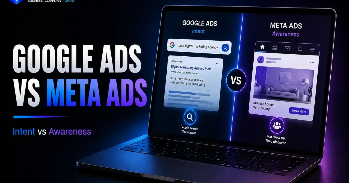 Google Ads vs Meta Ads visual comparing search intent and social media awareness campaigns