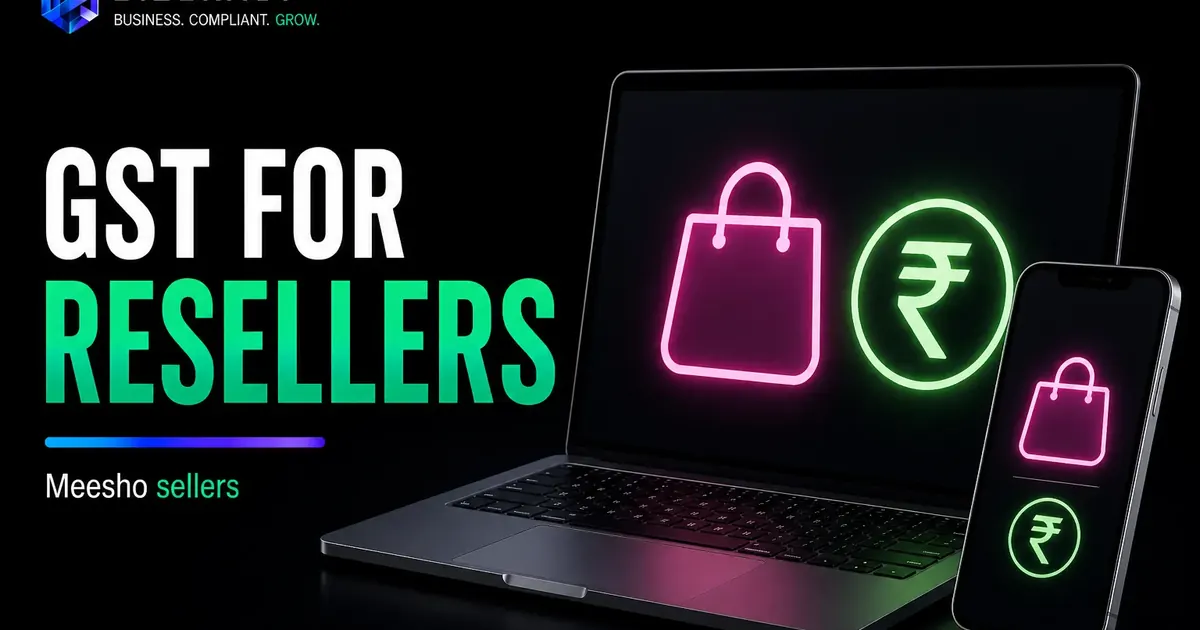 GST for resellers visual for Meesho sellers with shopping bag rupee symbol and mobile commerce