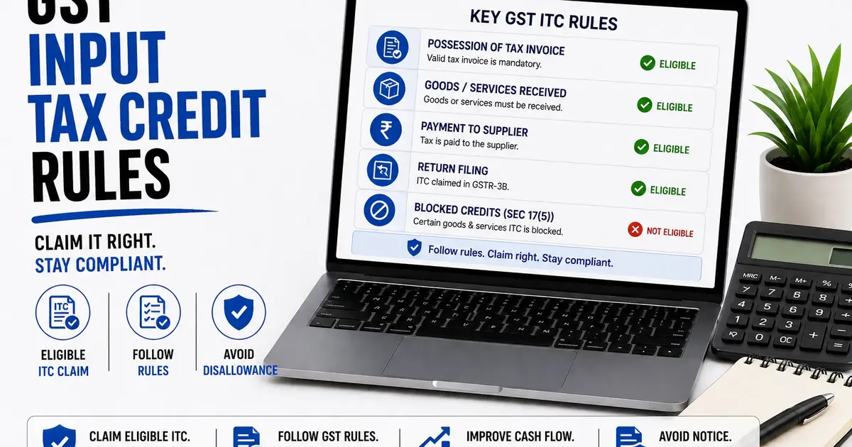 GST input tax credit rules checklist showing eligible invoices GSTR 2B and blocked credits