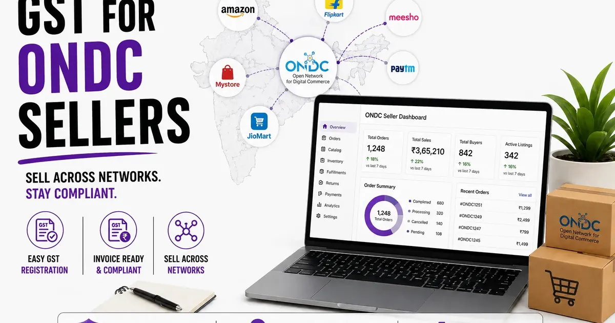 ONDC seller GST registration dashboard with marketplace network and invoice compliance