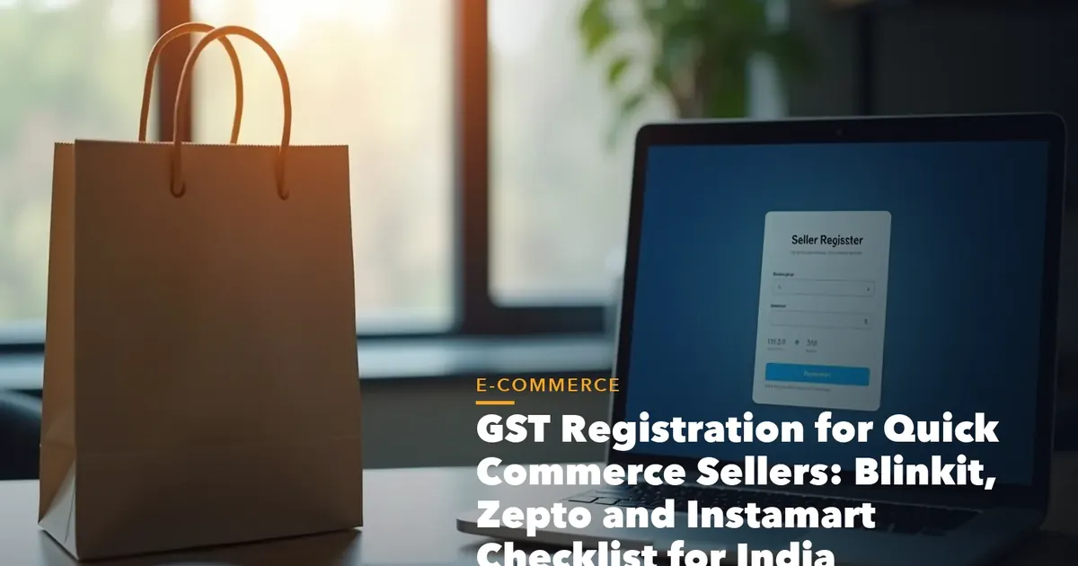 D2C seller GST registration illustration with storefront and tax records for GST Registration for Quick Commerce Sellers