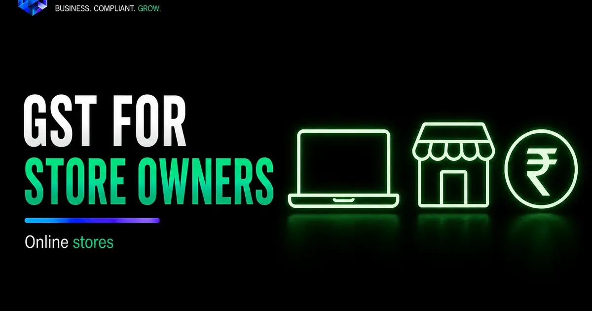 GST for store owners visual showing online store laptop storefront and rupee symbol