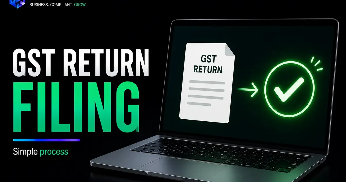 GST return filing guide visual showing GST return document and successful filing check mark