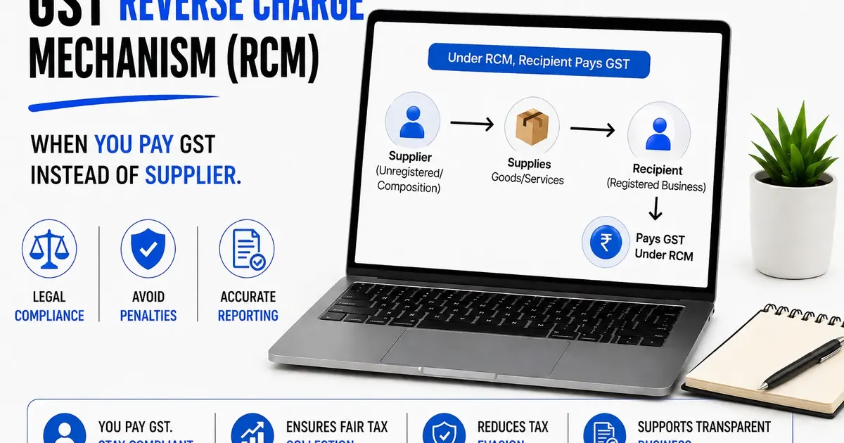 GST reverse charge mechanism flow showing supplier recipient GST payment and ITC