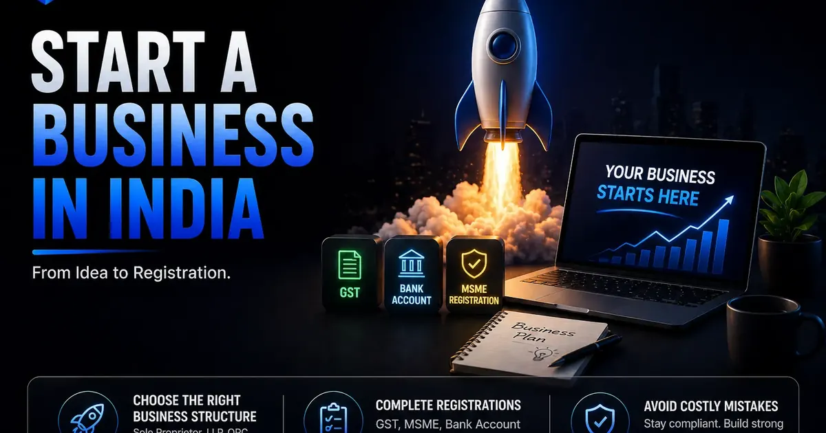 Start a business in India checklist showing business registration GST bank account and MSME steps
