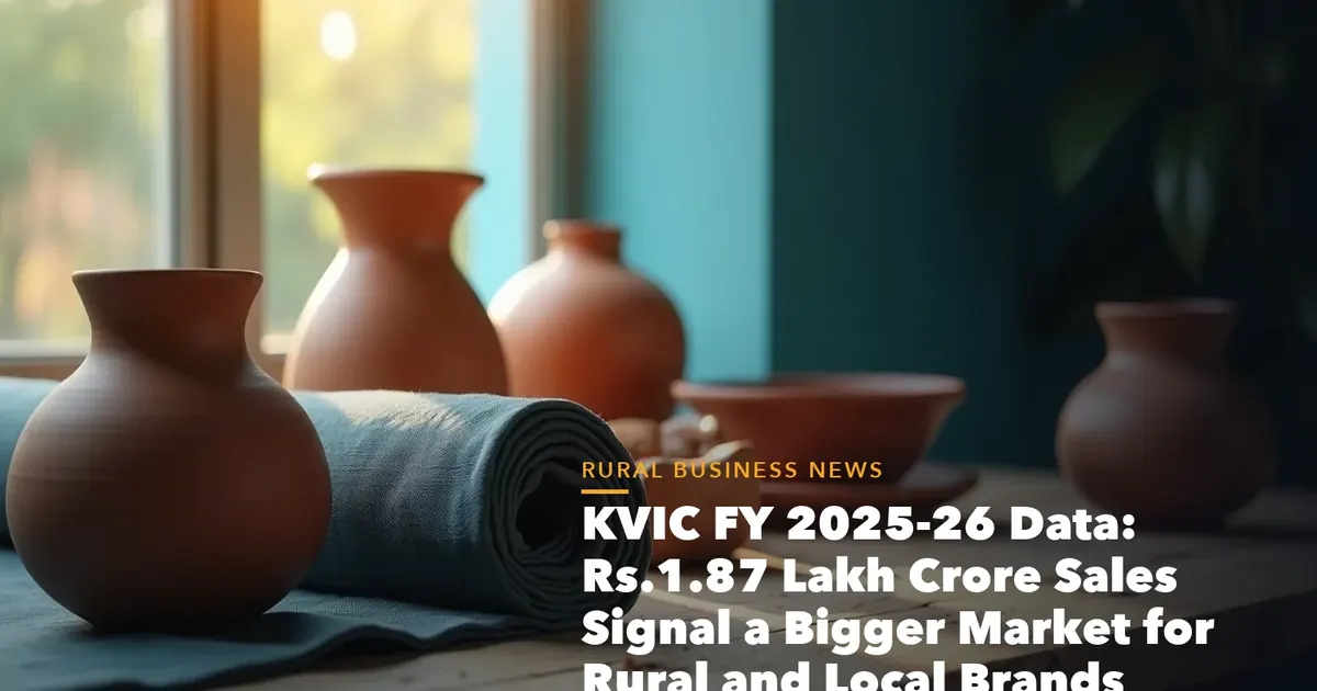 Business guide visual with process steps and compliance records for KVIC 2025-26 Data Rs.1.87 Lakh Crore Sales