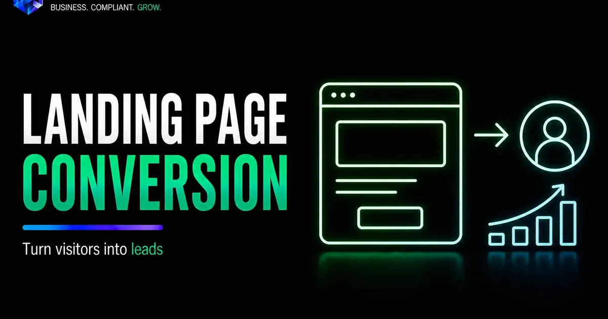 Landing page conversion visual showing webpage layout visitor lead and rising conversion chart