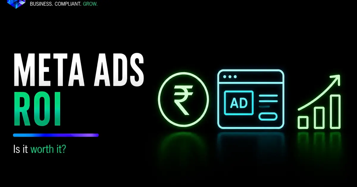 Meta Ads ROI visual showing advertising cost rupee symbol and growth chart for campaign returns