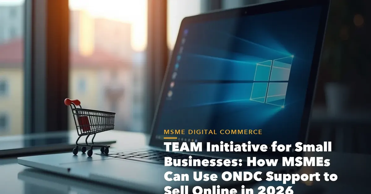 ONDC seller GST registration illustration with storefront and tax records for TEAM Initiative for Small Businesses How